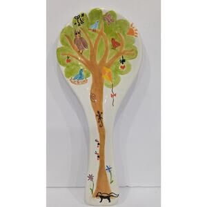 Vintage BEV Italy Hand Painted Ceramic Spoon Rest Whimsical Tree of Life Bird...